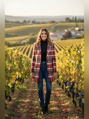Adrienne Vittadini Rust & White Plaid Sweater Coat Blazer Like New Sz S
